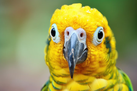 a close-up of a yellow-headed amazon parrot in a tropical forest, created with generative aiの素材