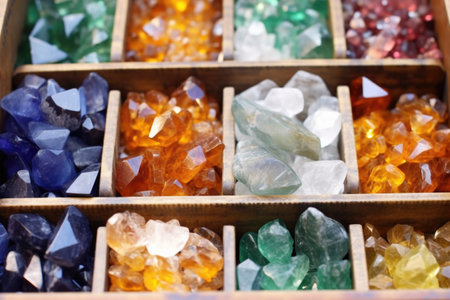 close-up image of ethically sourced raw gemstones in bins, created with generative aiの素材