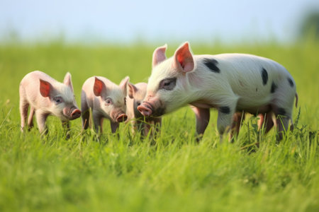 group of piglets feeding from their mother on a green field, created with generative aiの素材