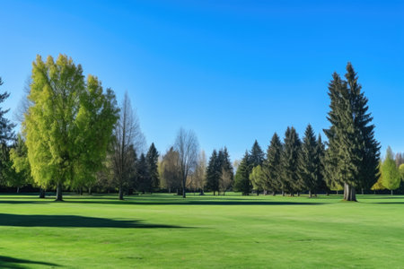 clear blue skies viewed from a park full of trees, created with generative aiの素材
