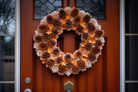 pinecone thanksgiving wreath hanging on a front door, created with generative aiの素材