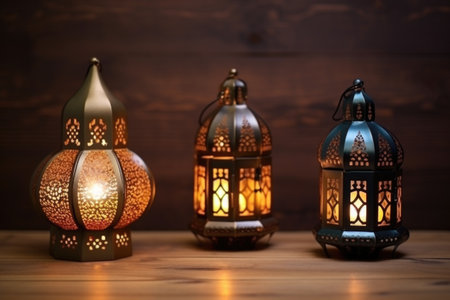 traditional ramadan lanterns on a wooden table, created with generative aiの素材