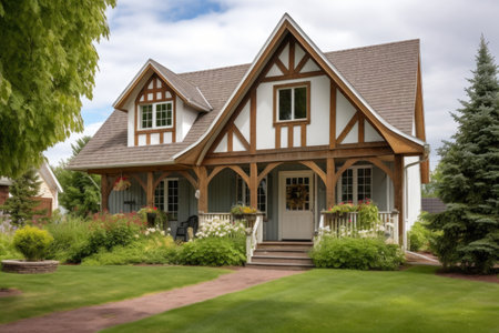 half-timbered farmhouse with double-arched gabled doorway, created with generative aiの素材