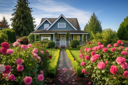 farmhouse with a gabled entryway and rose bushes on sides, created with generative aiの素材