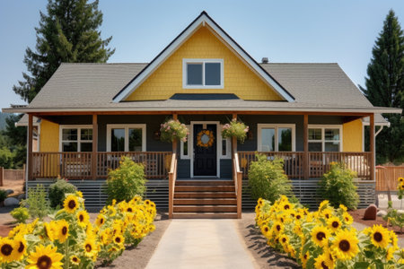 wooden farmhouse with sunflower decorated gabled front entry, created with generative aiの素材