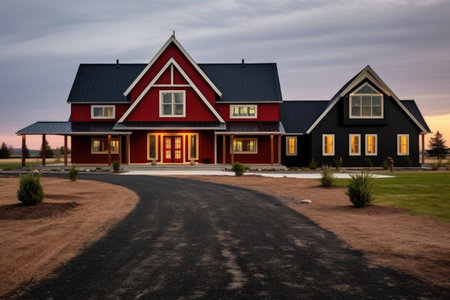 farmhouse with dark gabled entry, long driveway, and red rolls of hay in front, created with generative aiの素材