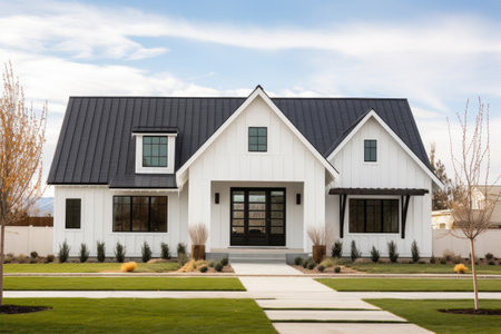 modern farmhouse with a white painted gabled front entry, created with generative aiの素材