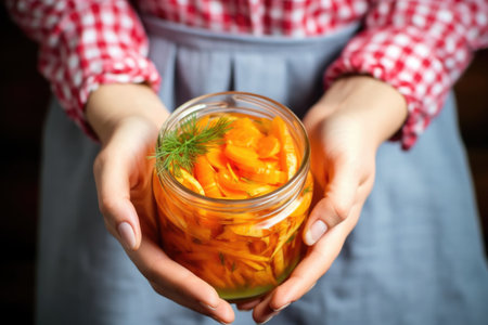 hand holding a bowl of fermented carrots and ginger, created with generative aiの素材
