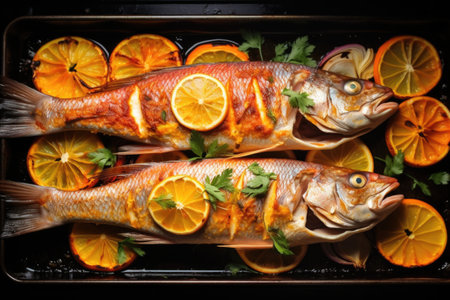 whole roasted fish fresh out of the stove, shiny from citrus glaze, created with generative aiの素材