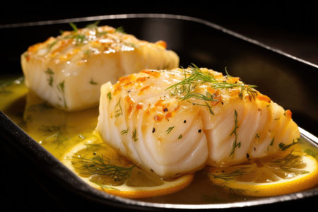 spotlit image of a glossy citrus soaked cod, created with generative aiの素材