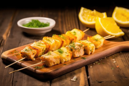 marlin skewers with pineapple chunks on a wood plank, created with generative aiの素材