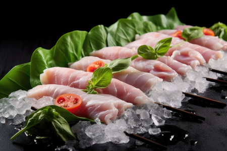 raw fish skewers on a bed of ice with basil leaves, created with generative aiの素材