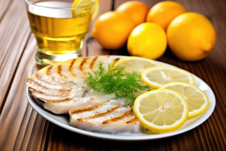 lemon slices next to grilled fish steak, created with generative aiの素材