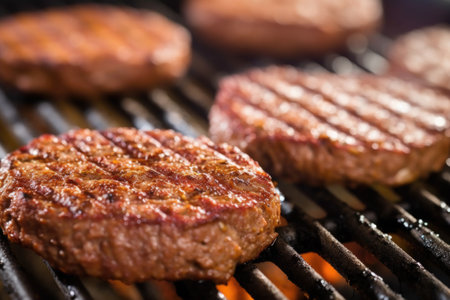 detail shot of grilling marks on burger patty, created with generative aiの素材