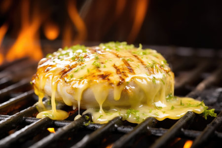 garlic butter sauce dripping on flaming burger on grill, created with generative aiの素材