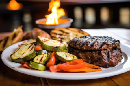 flame-grilled burger with a side of grilled veggies, created with generative aiの素材