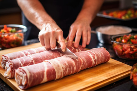 carefully wrapping tortillas around seasoned pork for flautas, created with generative aiの素材