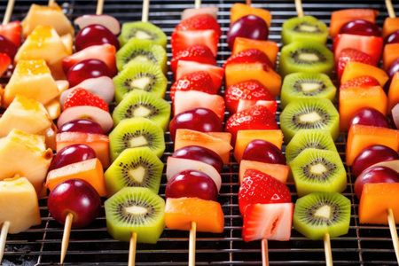 rows of mixed fruit skewers on a cooling rack, created with generative aiの素材