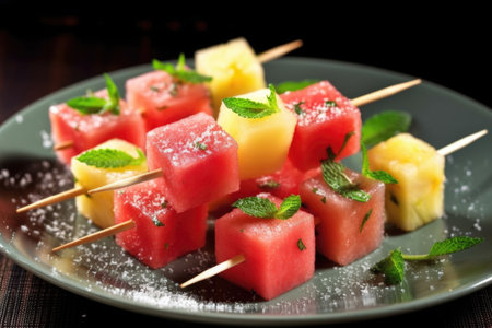 skewer with cubes of watermelon and pineapple pieces, created with generative aiの素材