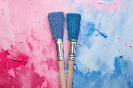 pink and blue paintbrushes on a canvas, created with generative aiの素材
