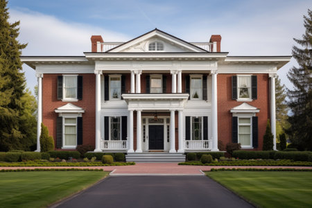 full front view of georgian mansion with ornate dentil molding, created with generative aiの素材