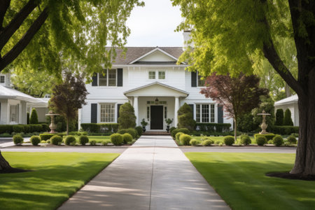 a white georgian home shot from its driveway, created with generative aiの素材
