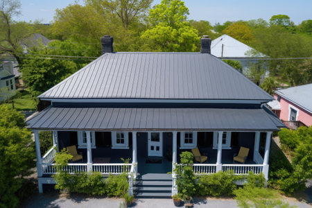 aerial view of georgian house with hip roof and black shutters, created with generative aiの素材