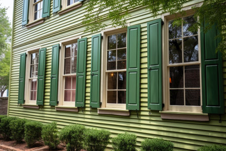 green shutters on windows of a georgian house with a hip roof, created with generative aiの素材