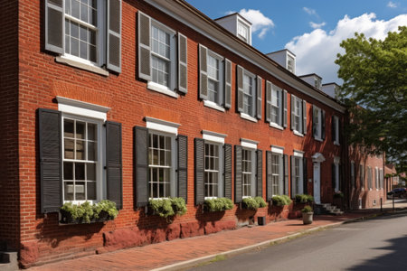 georgian homes red brick wall with rectangular white windows, created with generative aiの素材