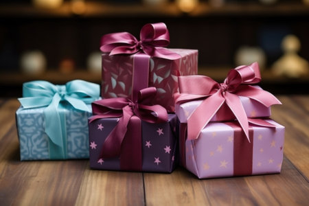 fancy wrapped gift boxes with bows on wooden table, created with generative aiの素材