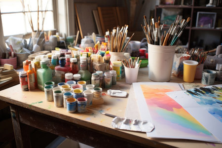 diverse painting supplies laid out on a table, created with generative aiの素材