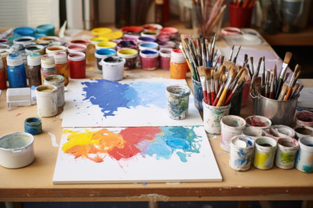 diverse painting supplies laid out on a table, created with generative aiの素材