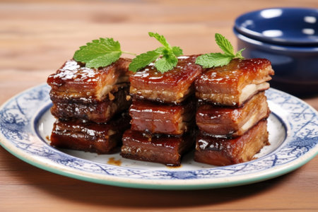 five stacked glazed pork ribs on a porcelain platter, created with generative aiの素材