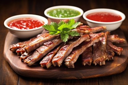stacked glazed pork ribs with a dipping sauce, created with generative aiの素材