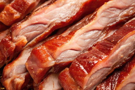 macro detail of textured glazed pork ribs, created with generative aiの素材
