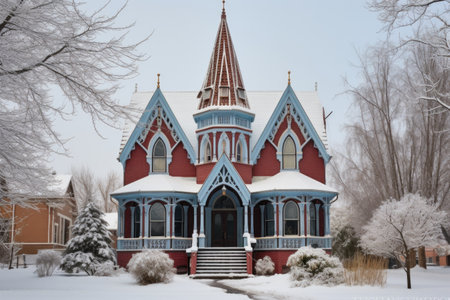 snow-covered gothic revival structure crowned by battlements, created with generative aiの素材