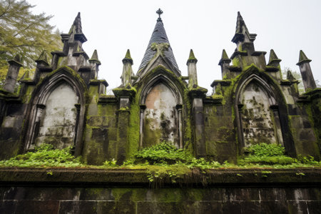 close-up of moss-covered battlements of a gothic revival structure, created with generative aiの素材