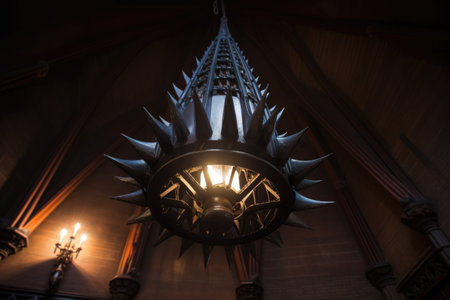 spiky iron lamp hanging below a gothic revival battlement, created with generative aiの素材