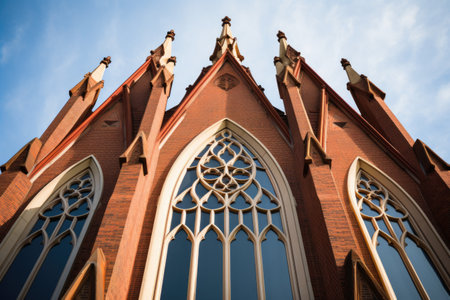 close-up shot of pointed arch windows on a gothic revival tower, created with generative aiの素材