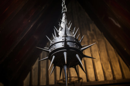 spiky iron lamp hanging below a gothic revival battlement, created with generative aiの素材
