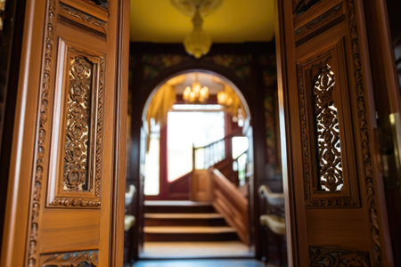 detailed view of ornate woodwork on an arched doorway, created with generative aiの素材