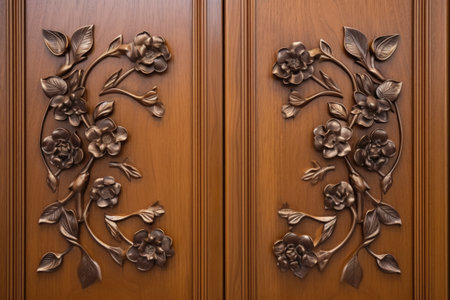 detail of a floral woodwork pattern on a mansions doors, created with generative aiの素材