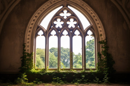 closeup of a pointed arch window in a gothic revival castle, created with generative aiの素材