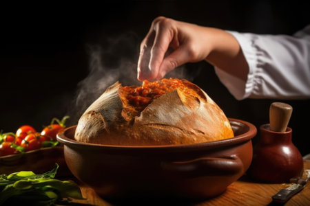 hand setting down steaming bread bowl filled with goulash, created with generative aiの素材