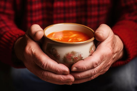 hands tightly clasping a mug filled with goulash, created with generative aiの素材