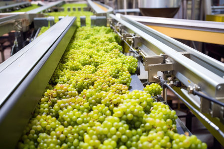 top-down view of grapes on conveyer machines, created with generative aiの素材