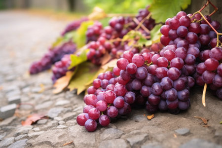 close-up of freshly cut grape bunches on the ground, created with generative aiの素材