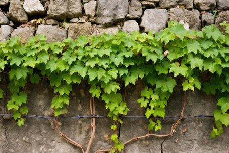 close-up of grape vines traversing a stone wall, created with generative aiの素材