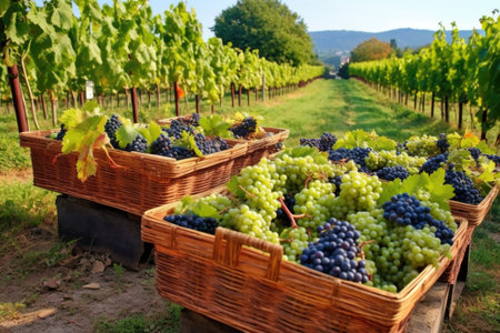 baskets of freshly harvested grapes ready for transport, created with generative aiの素材