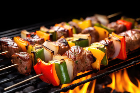 juicy kebabs highlighted by gentle grill light, created with generative aiの素材